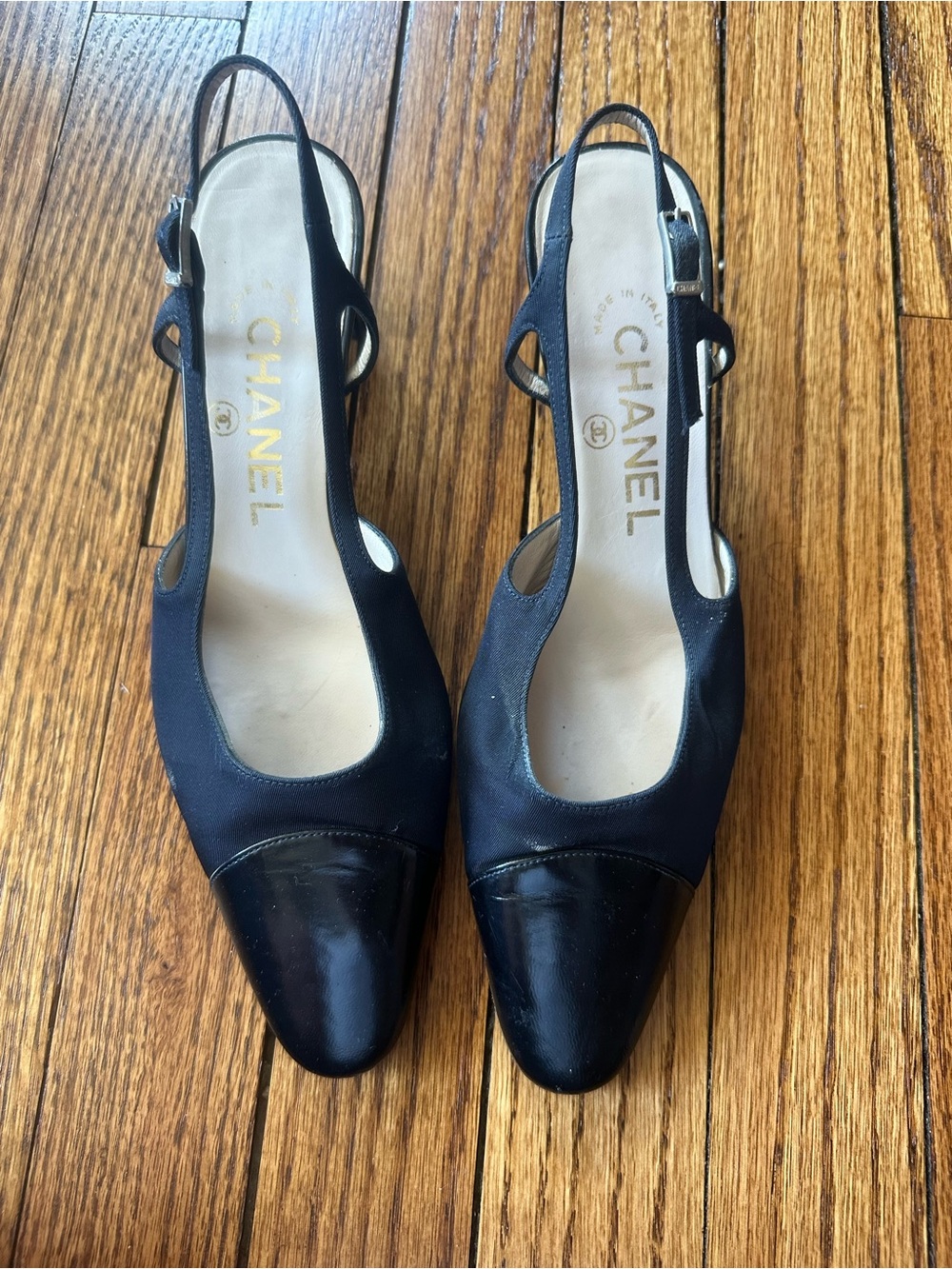 Vintage CHANEL Navy Slingback Pumps with Patent Cap Toe